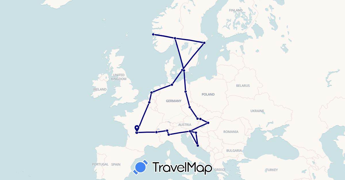 TravelMap itinerary: driving in Austria, Belgium, Switzerland, Czech Republic, Germany, Denmark, France, Croatia, Hungary, Italy, Netherlands, Norway, Sweden, Slovenia, Slovakia (Europe)